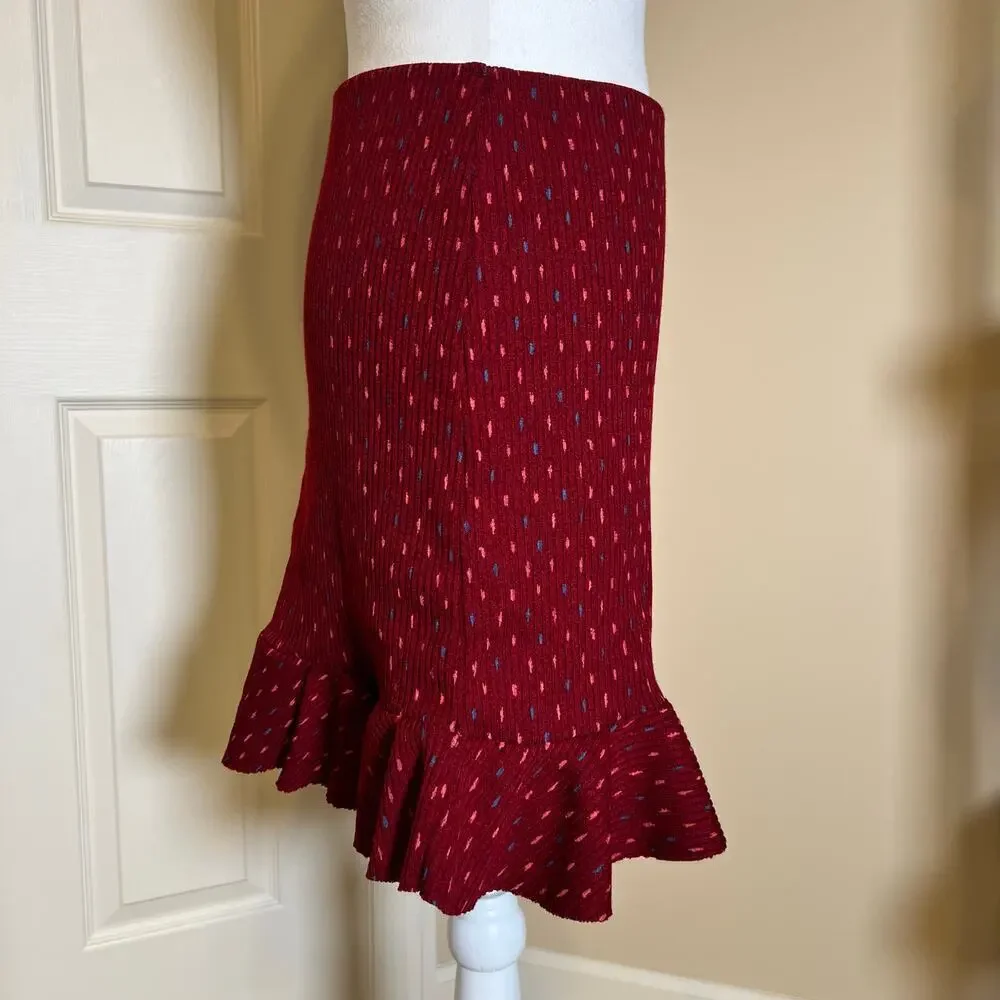 Free People Red Sweater Skirt Ruffle Bottom Pink and Blue Dash Print Size Medium